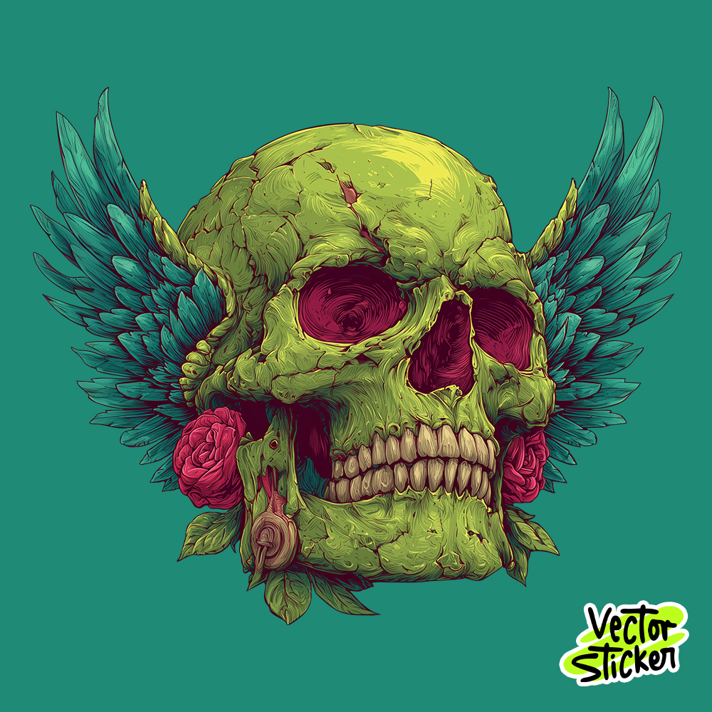 Winged Skull with Roses Illustration Design – Gothic Tattoo Art PNG for T-Shirts & Stickers