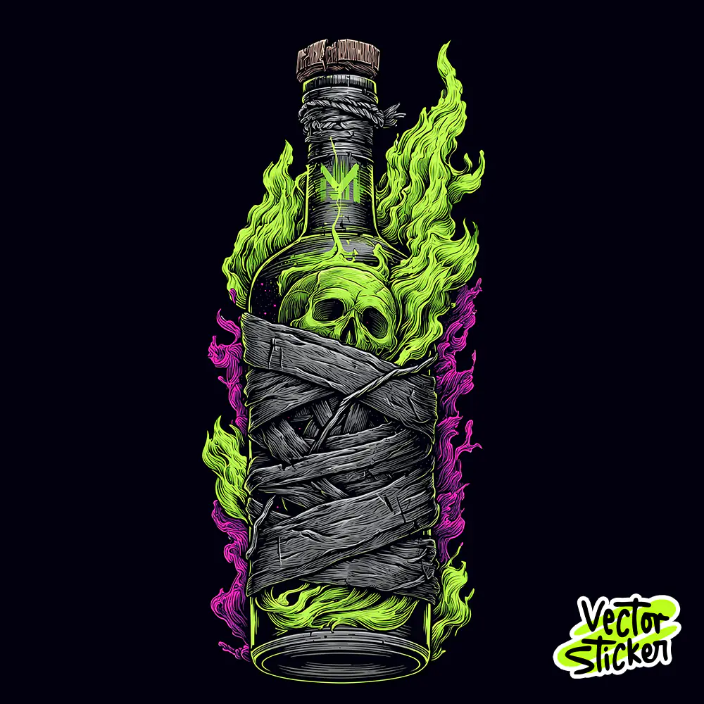 Toxic Green Flame Bottle Vector – Skull in Smoke Illustration