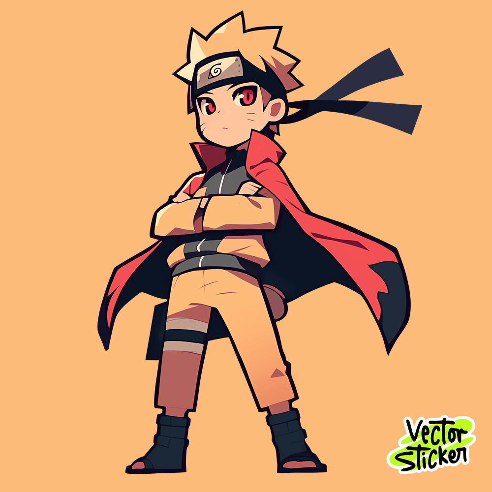 Anime Naruto Sticker – Cross Arm Pose in Orange Suit & Cape PNG