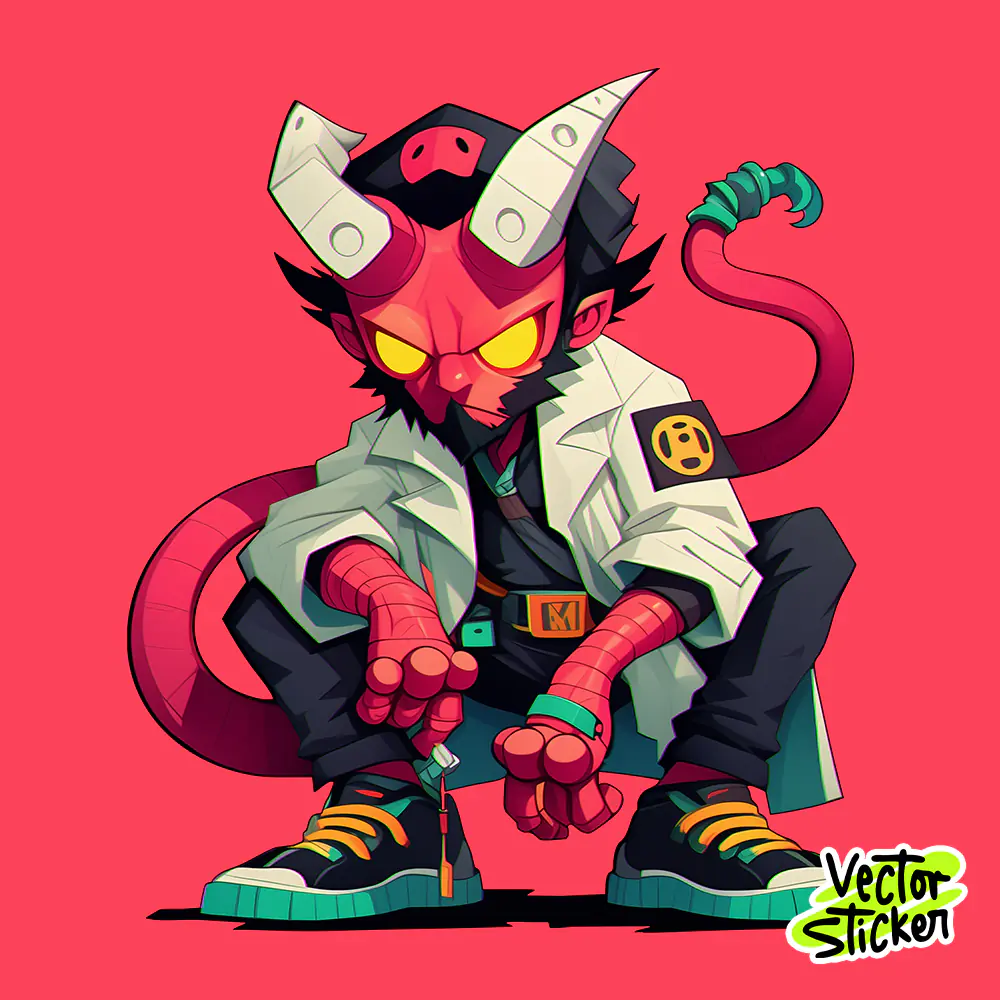Cartoon Hellboy Character Illustration – wearing Long Coat, Pants & Sneakers