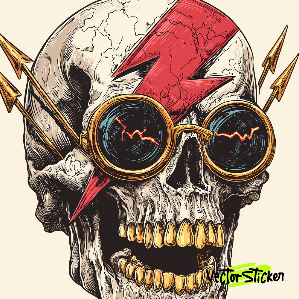 Artistic Watercolor Skull Sticker – Glasses, Arrows & Thunder