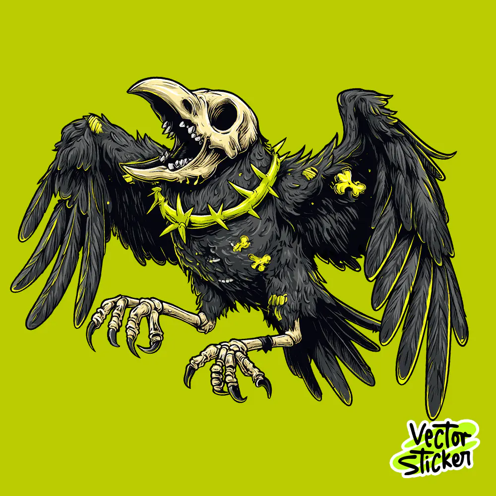 Skull Crow with Bone Illustration Sticker