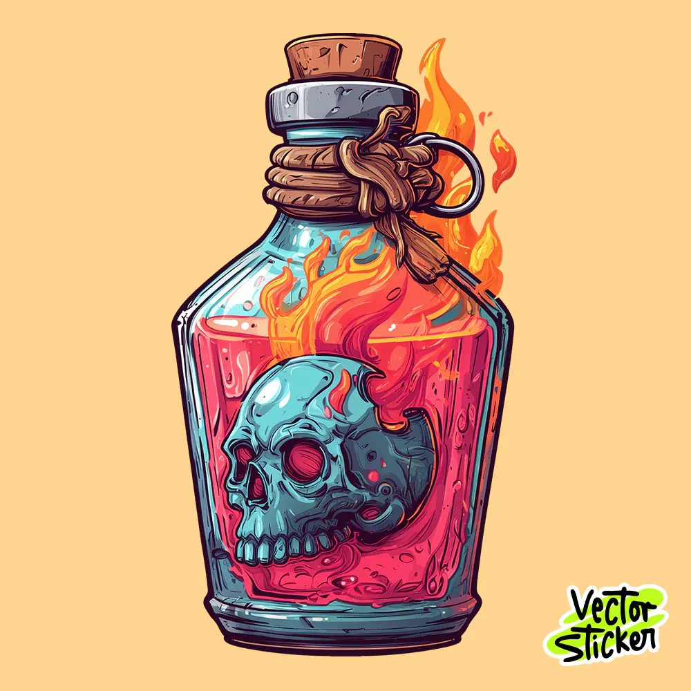 Flaming Magic Skull Potion Vector – Fiery Bottle Illustration for Stickers and T-Shirts