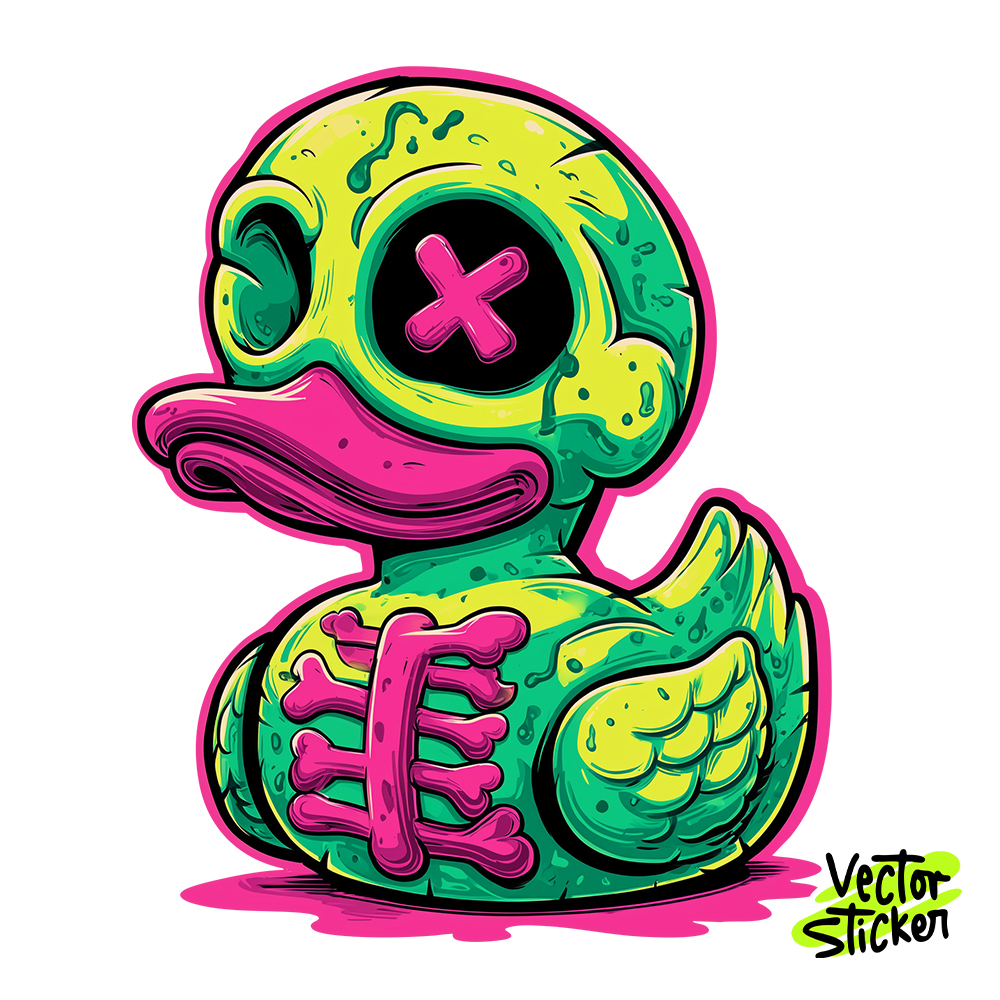 Street Art Style Neon Green Skeleton Duck Sticker Illustration