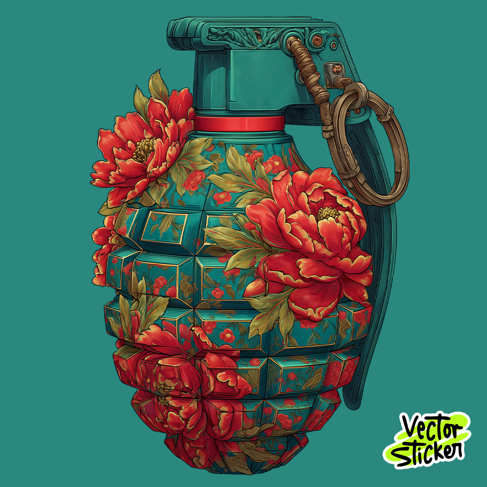 Floral Grenade Sticker in Green and Red