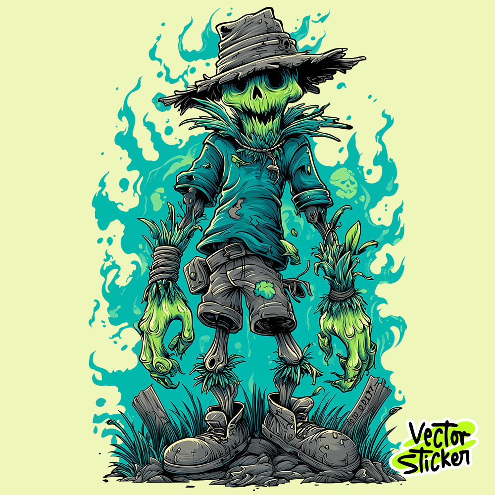 Green Scarecrow with Neon Flame – Horror Cartoon Sticker