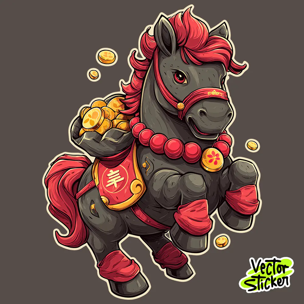 Chibi Style Chinese New Year Lucky Horse Cute Red Gold Sticker PNG