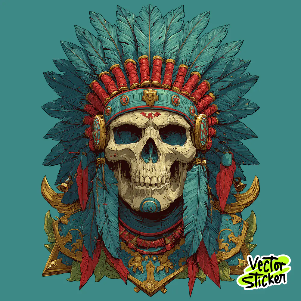 Tribal Skull Feather Headdress Illustration T-Shirt Design PNG