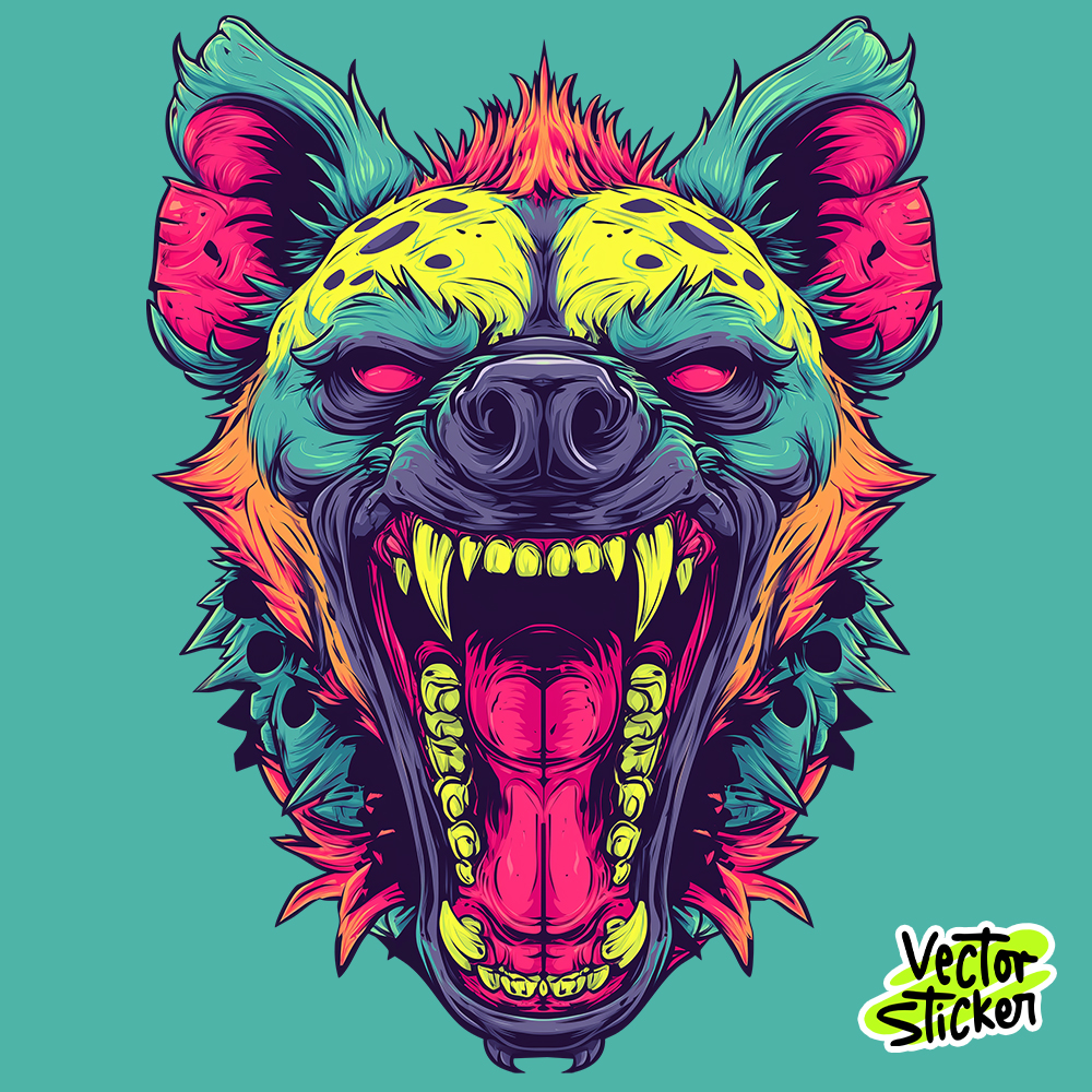 Neon Roaring Hyena Head Sticker Design