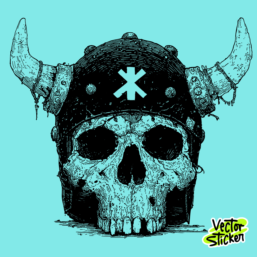 Hand Drawn Viking Skull with Horned Helmet Sticker