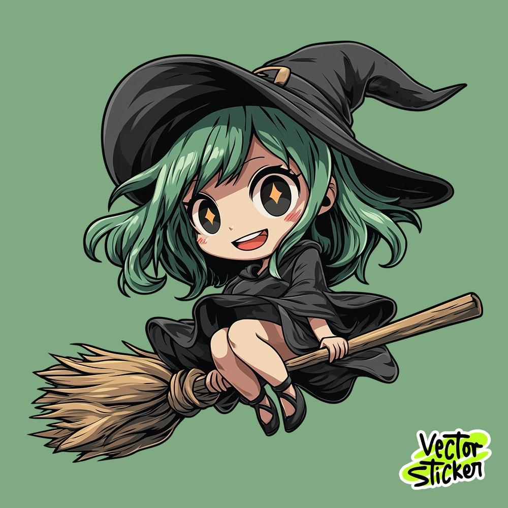 Chibi Witch on Broom – Cute Halloween Sticker