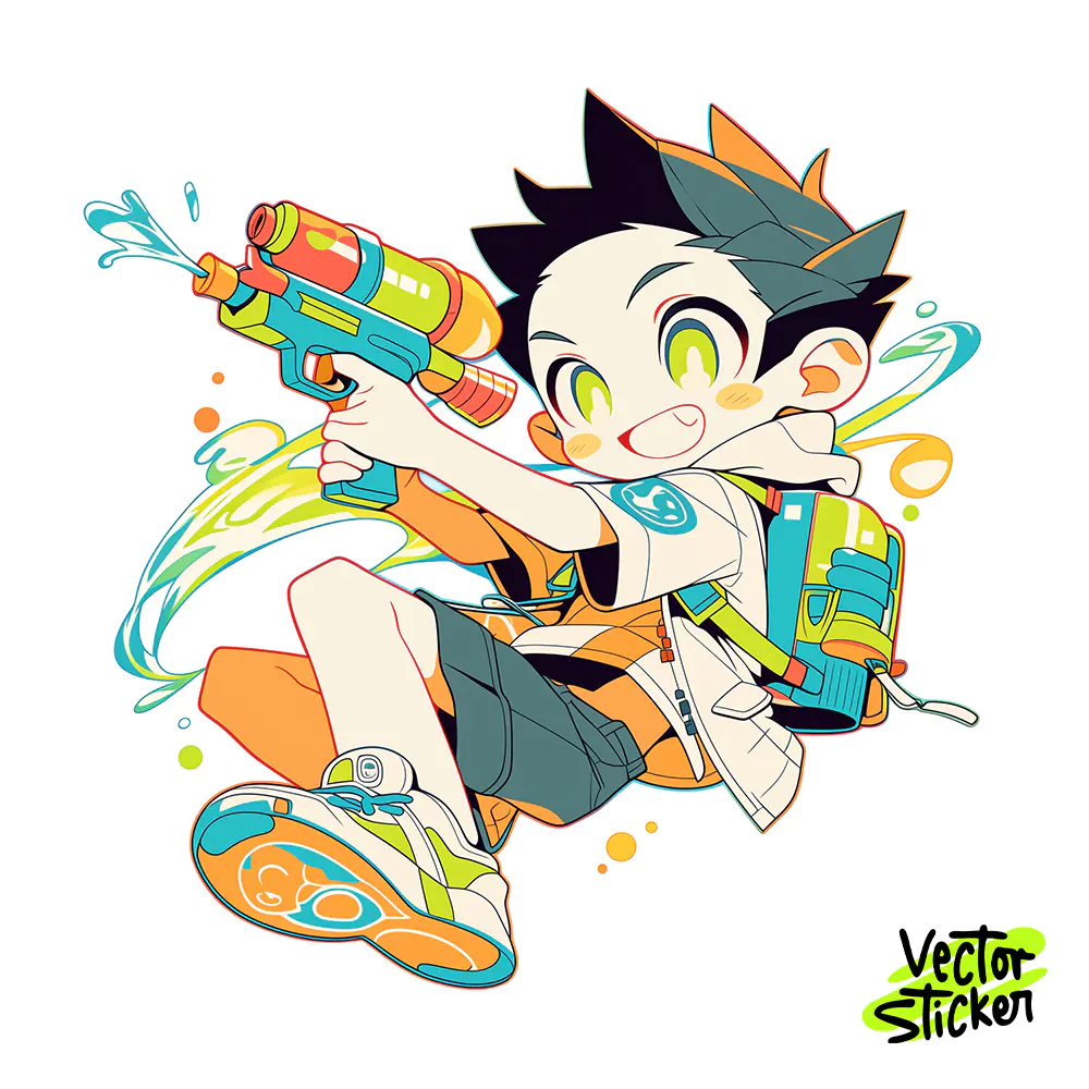 Songkran Water Festival Neon Style Boy Water Gun Sticker PNG