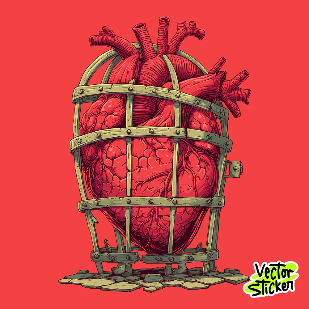 Caged Heart Anatomy Sticker Bold Emotional Illustration PNG