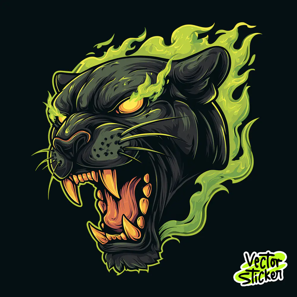 Neon Green Flame Panther Roaring Head Streetwear PNG for T Shirt Design