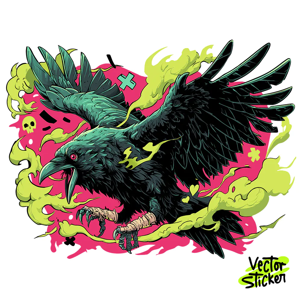 Dark Raven Vector Art – Gothic Bird with Neon Splash Background