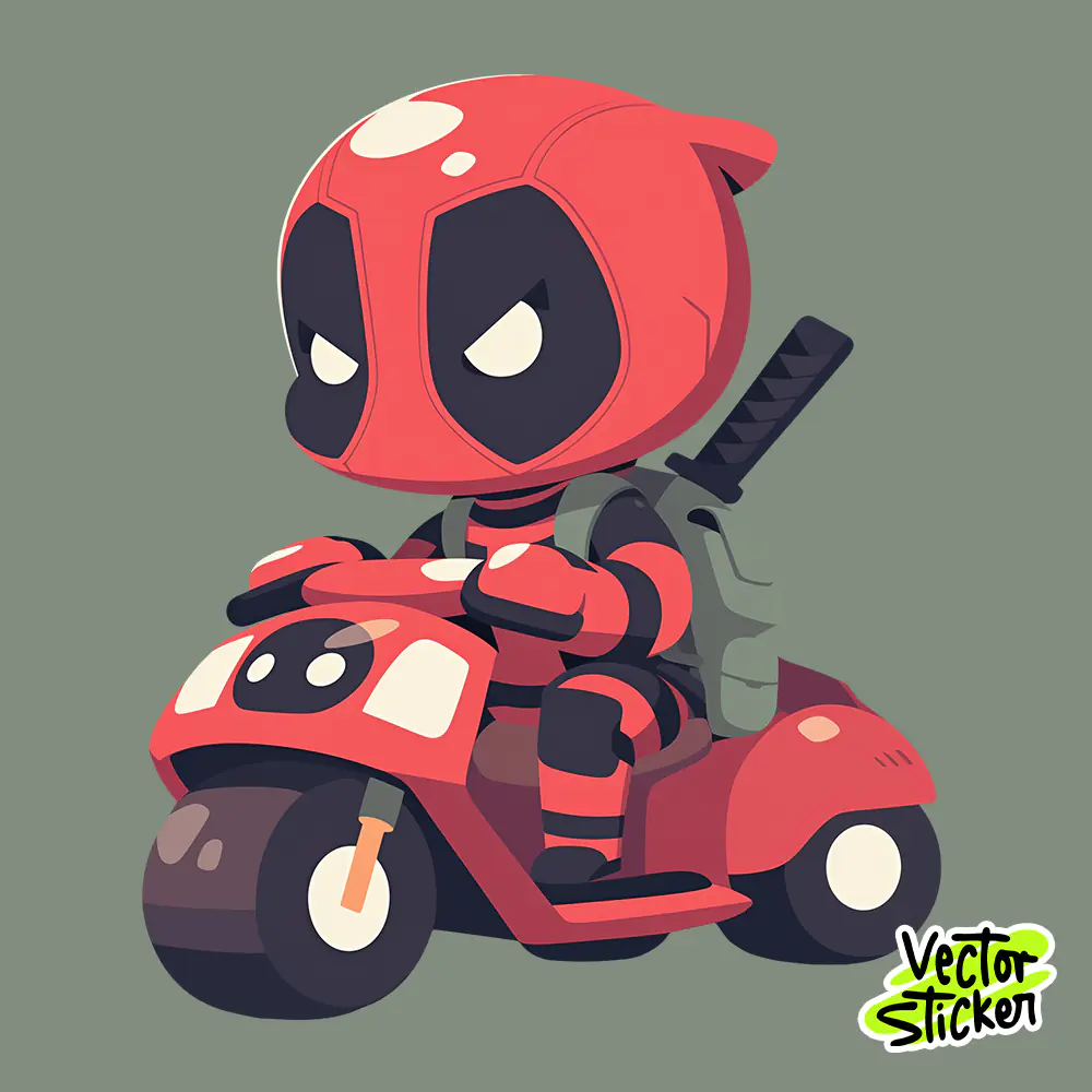 Chibi Deadpool Riding Mini Bike – Cute Cartoon PNG Sticker