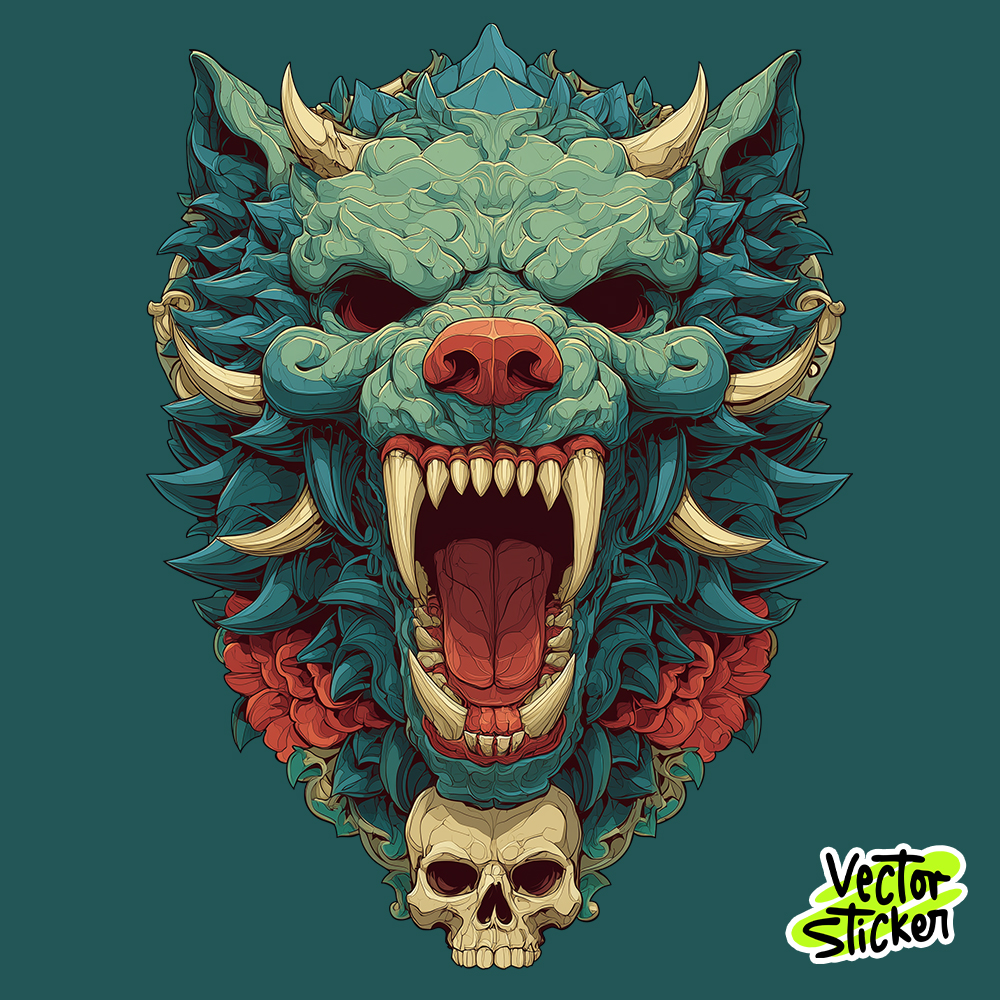 Tattoo Style Green Monster Wolf Head with Skull