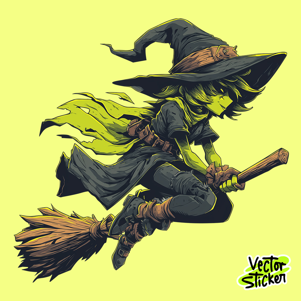 Flying Witch Sticker – Modern Halloween Cartoon Sticker Design