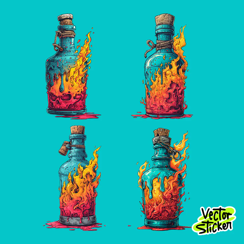 Burning Potion Bottle Design Pack – 4 Fantasy T-Shirt PNGs