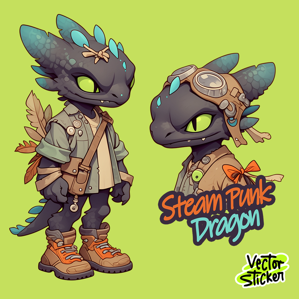 Steampunk Black Dragon Stickers - Cartoon Style