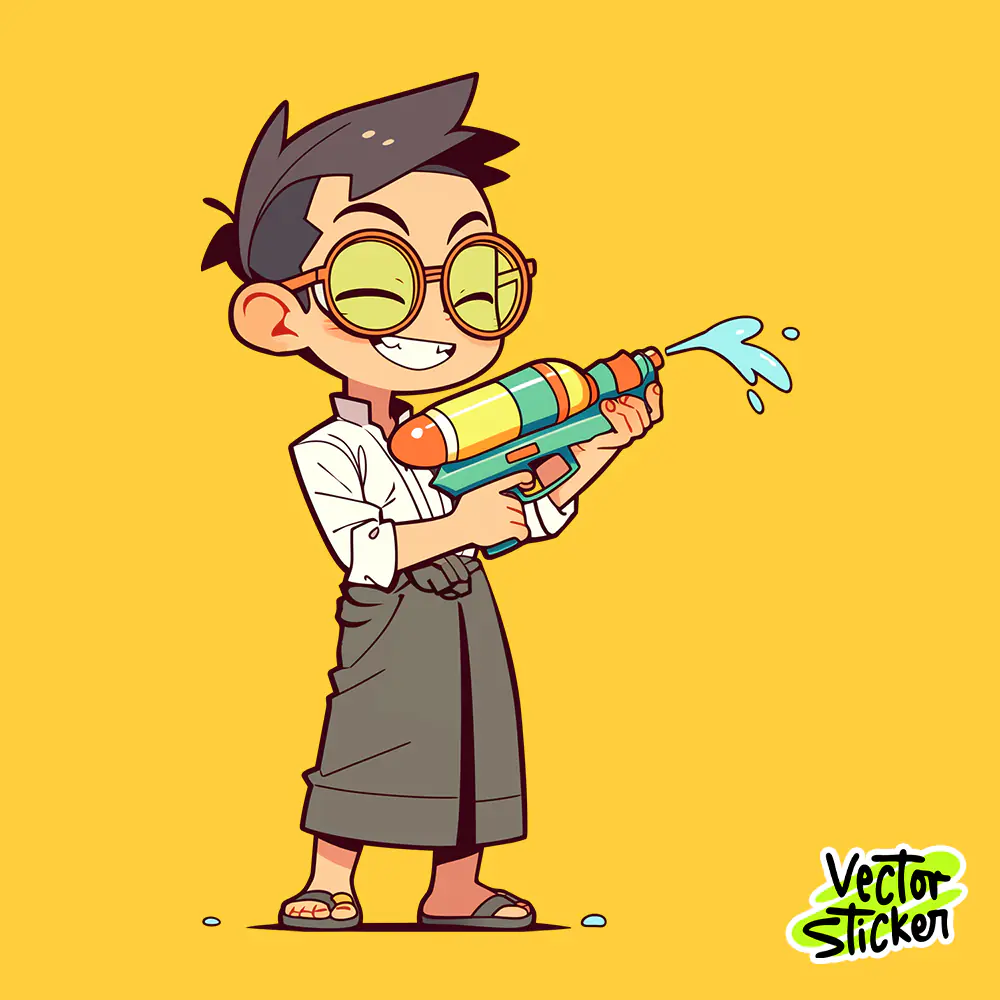 Myanmar Thingyan Water Festival Boy Longyi Water Gun Cartoon PNG