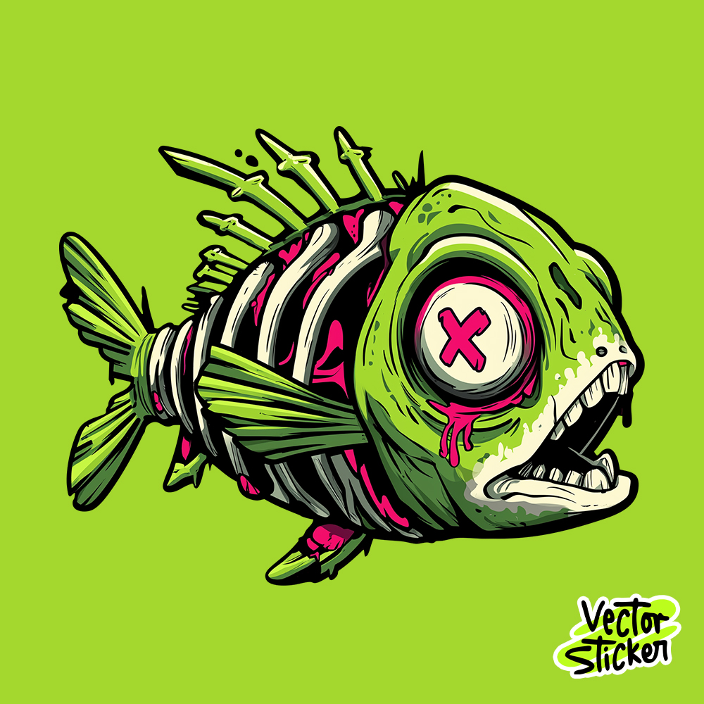 Cartoon Green Skeleton Zombie Fish Illustration Sticker Design