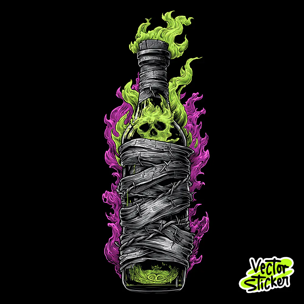 Purple Potion Bottle Vector – Magic Fire Illustration for Halloween T-Shirt