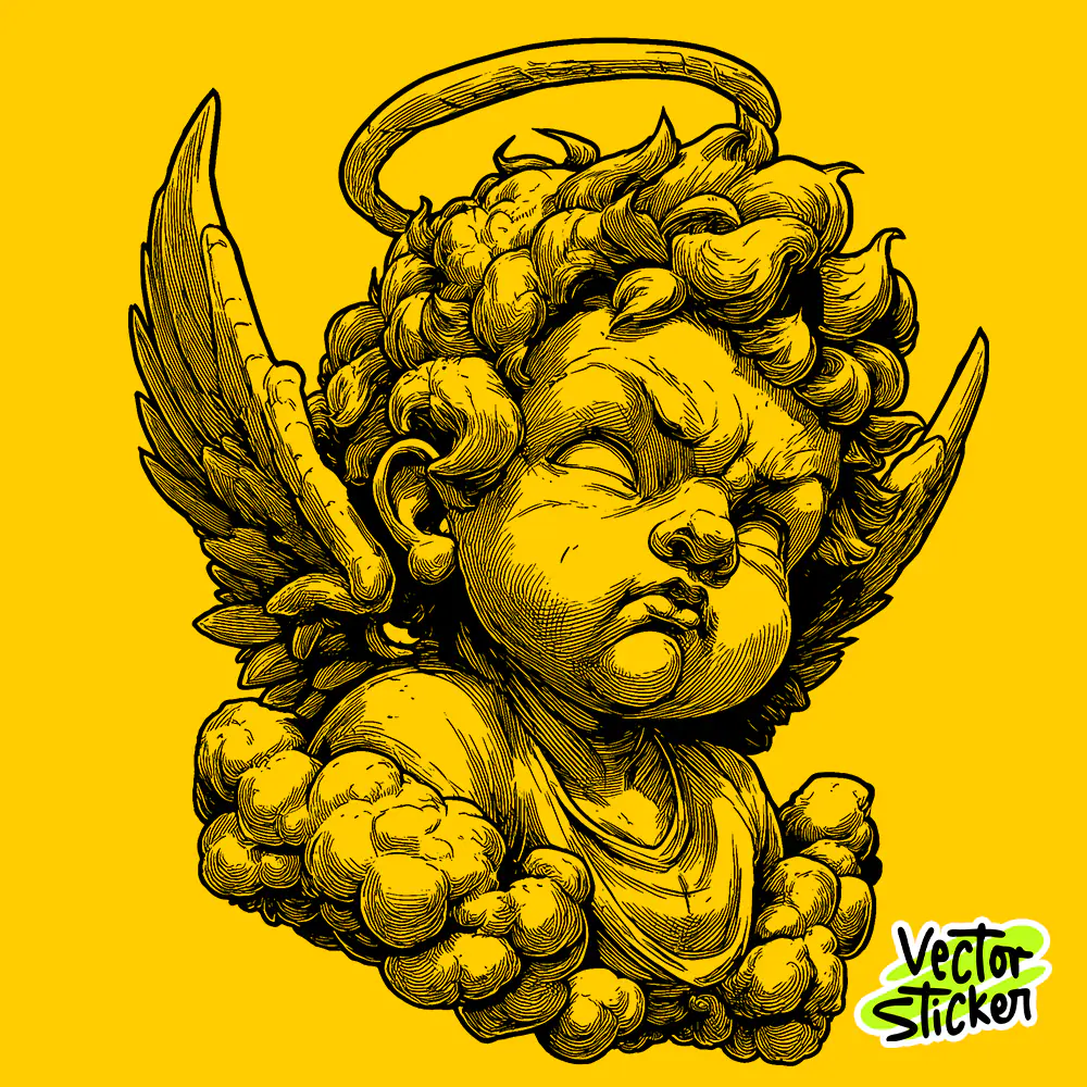 Baroque Cherub Angel – Detailed Hand Drawn Line Art PNG Sticker