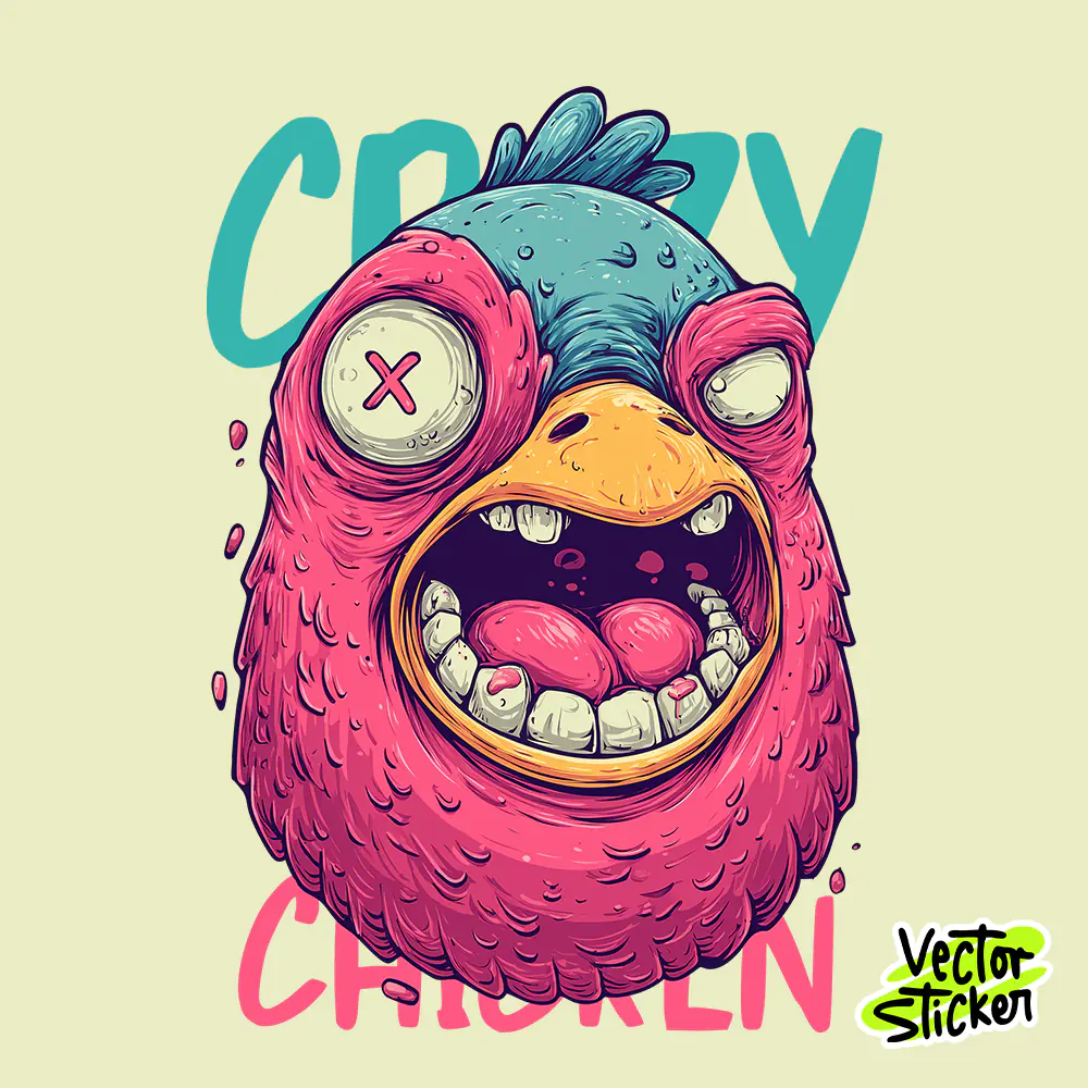 Cartoon Style Crazy Chicken Head Illustration Sticker