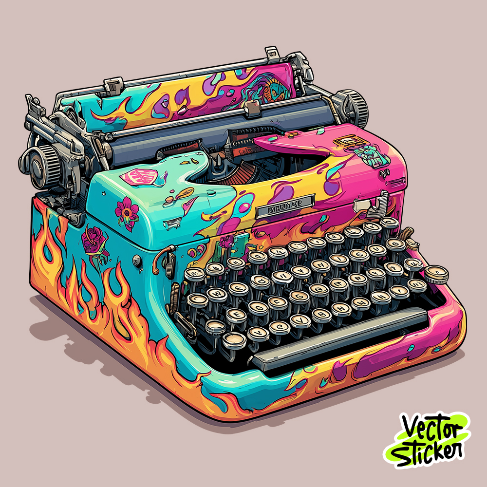 Colorful Vintage Typewriter Sticker – Retro Graffiti Style PNG Sticker Design