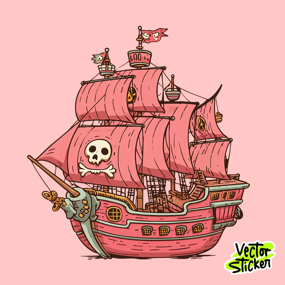 Pink Pirate Ship Vector – Adventure and Sea Voyage Sticker Design