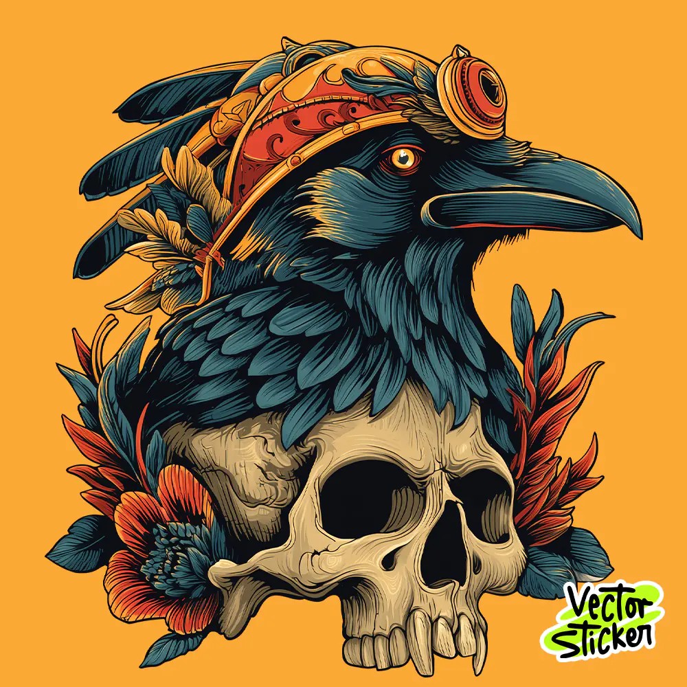 Mystic Crow Skull Vector Illustration for Vintage T shirt  Design