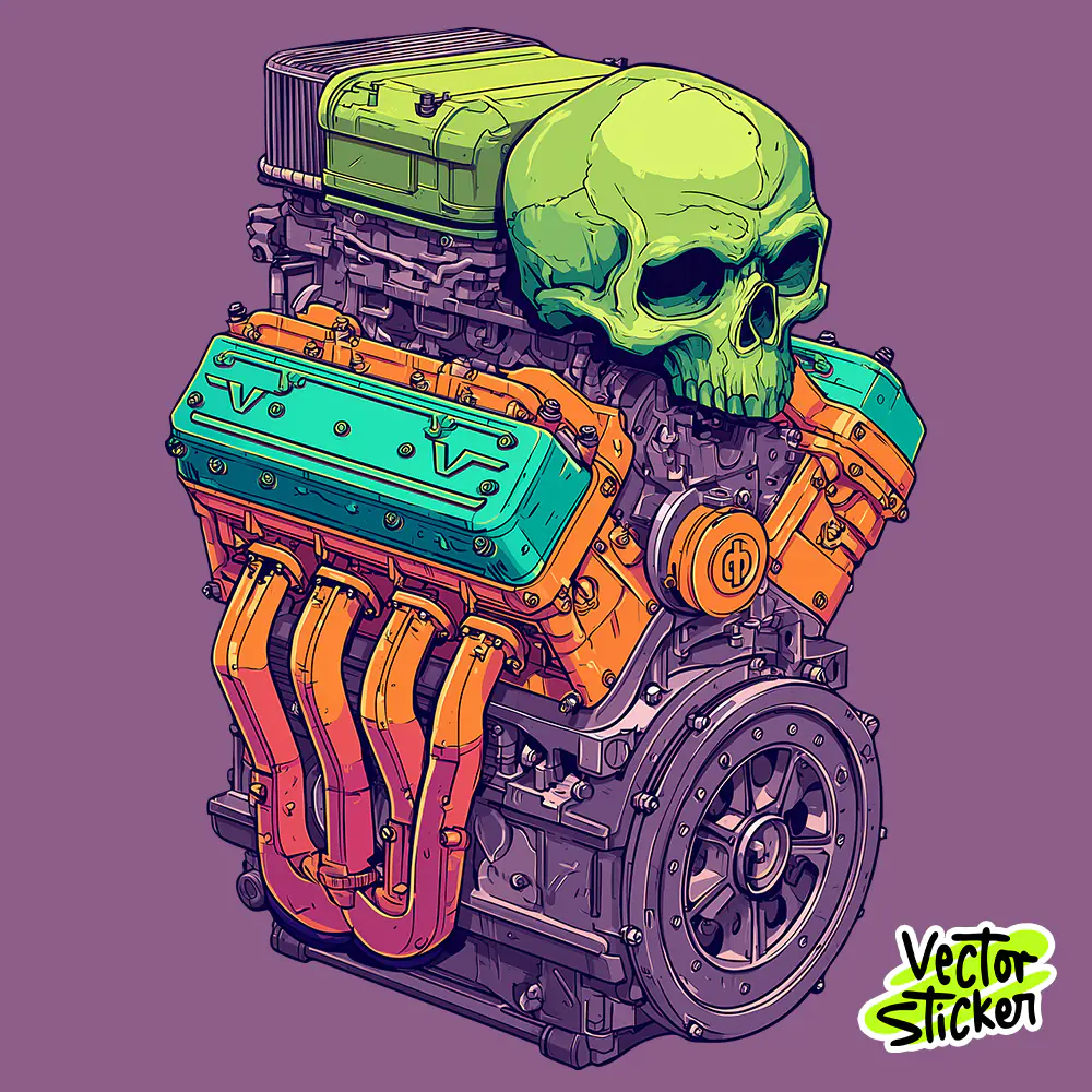 Free V8 Engine T-Shirt Design – Skull Mechanic Illustration PNG