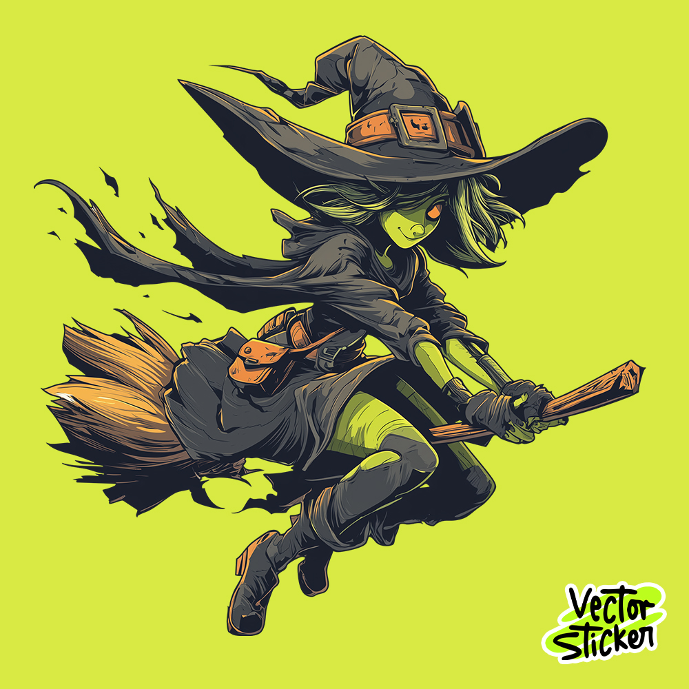 Witch Flying on Broomstick – Halloween Cartoon Sticker