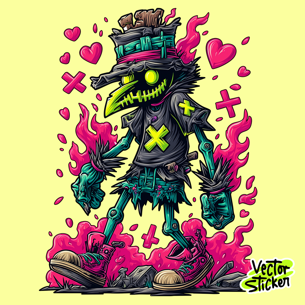 Cartoon Scarecrow with Crow Head illustration Sticker Design