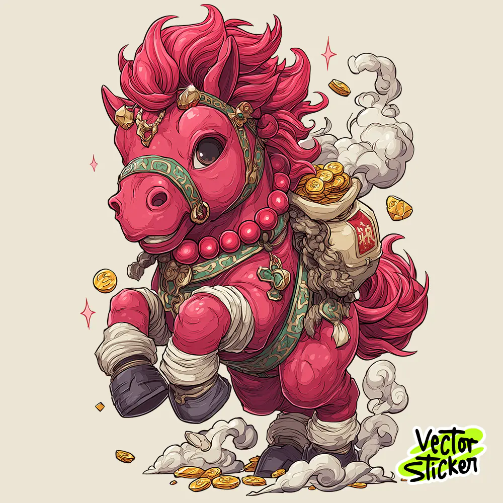 Cute Chinese New Year Lucky Horse Cartoon Illustration in Pink and Gold