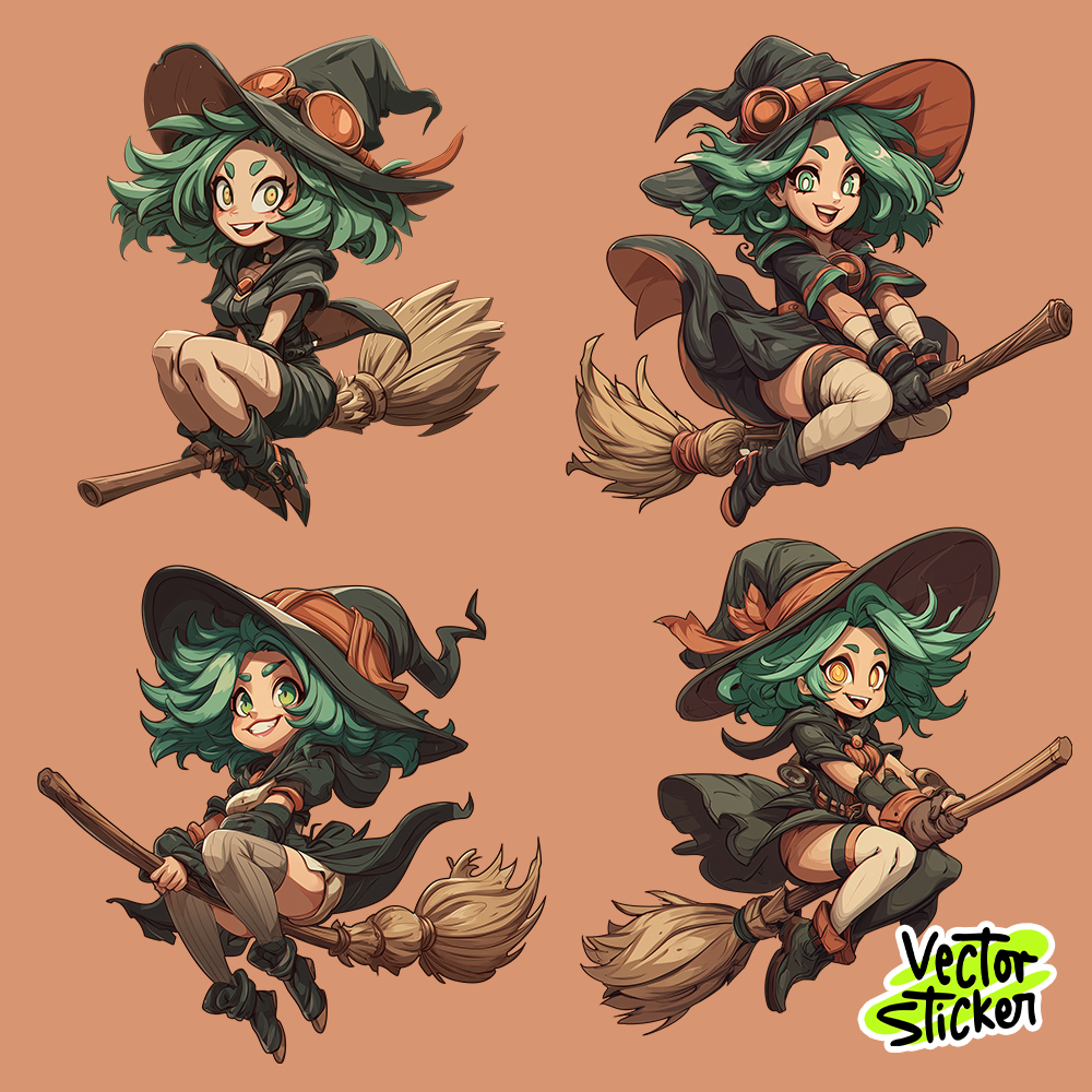 Anime Style Flying Witch Sticker Design- Holloween Witch Sticker Pack