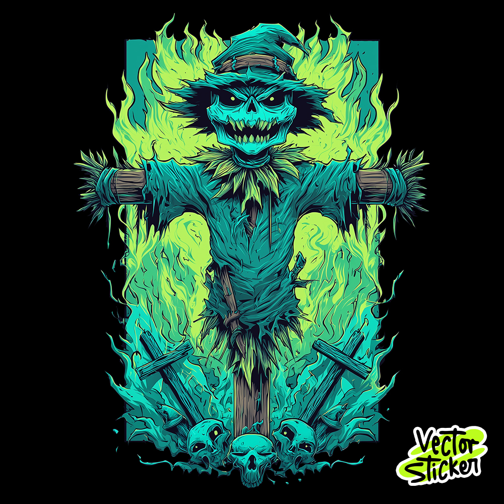 Evil Scarecrow Sticker – Neon Flaming Halloween Sticker Design