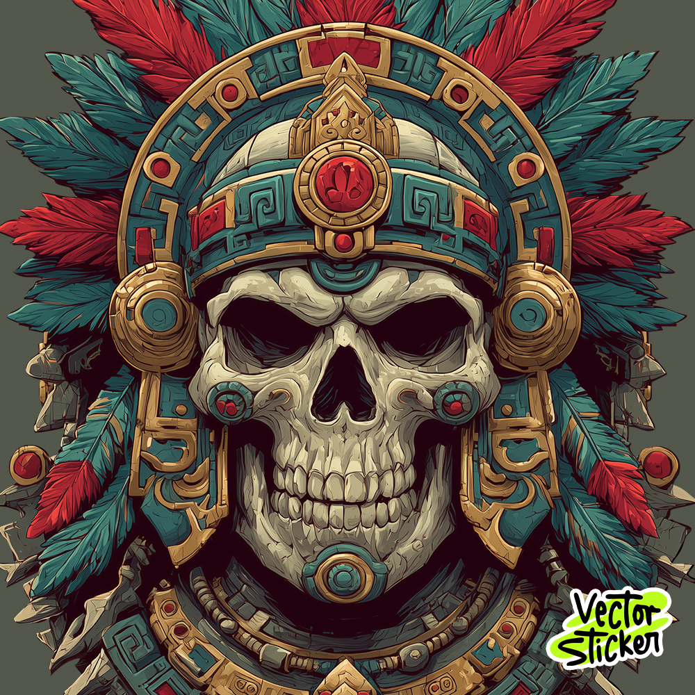 Aztec Skull with Headdress & Feathers Sticker