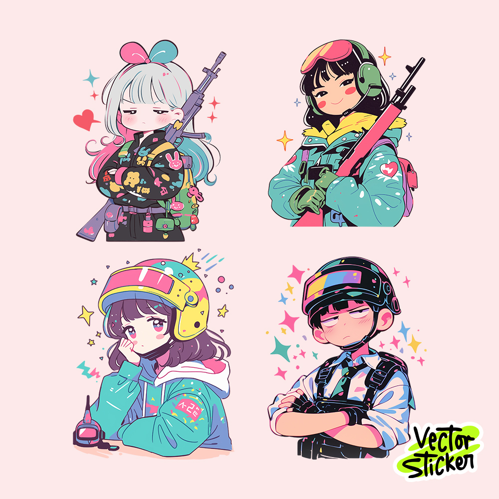 Kawaii PUBG Characters Sticker Pack – Pastel Armor Style
