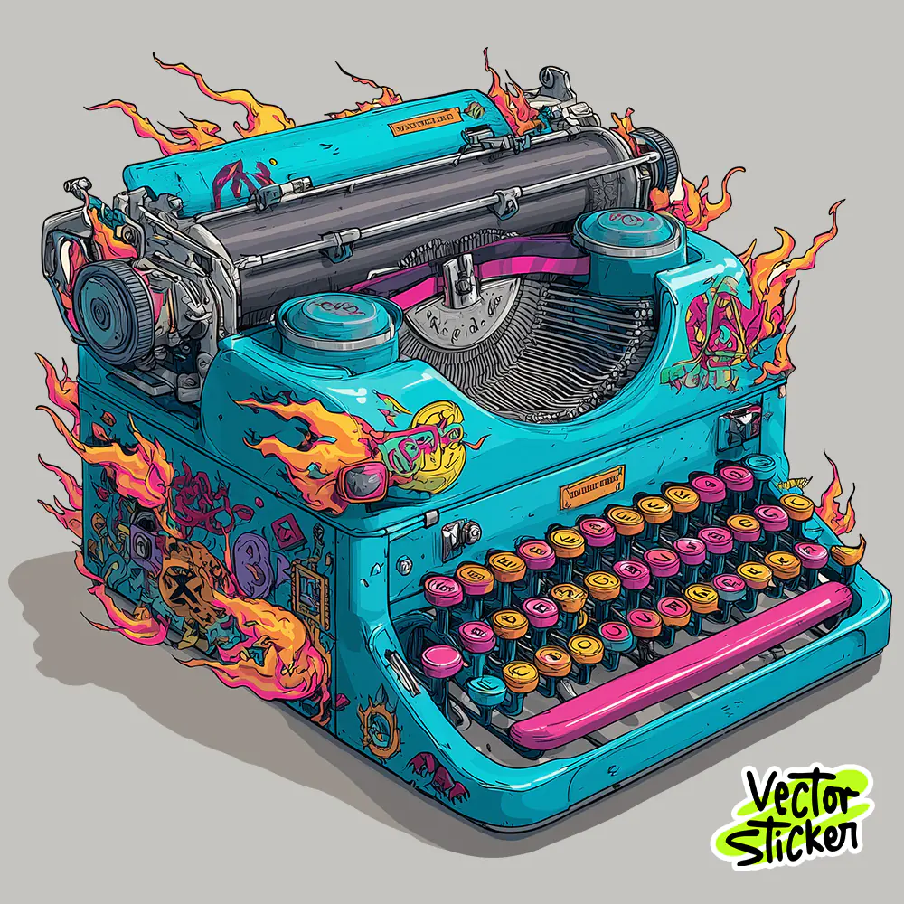Retro Flaming Typewriter Illustration Art – Vintage Writing Machine Sticker Design