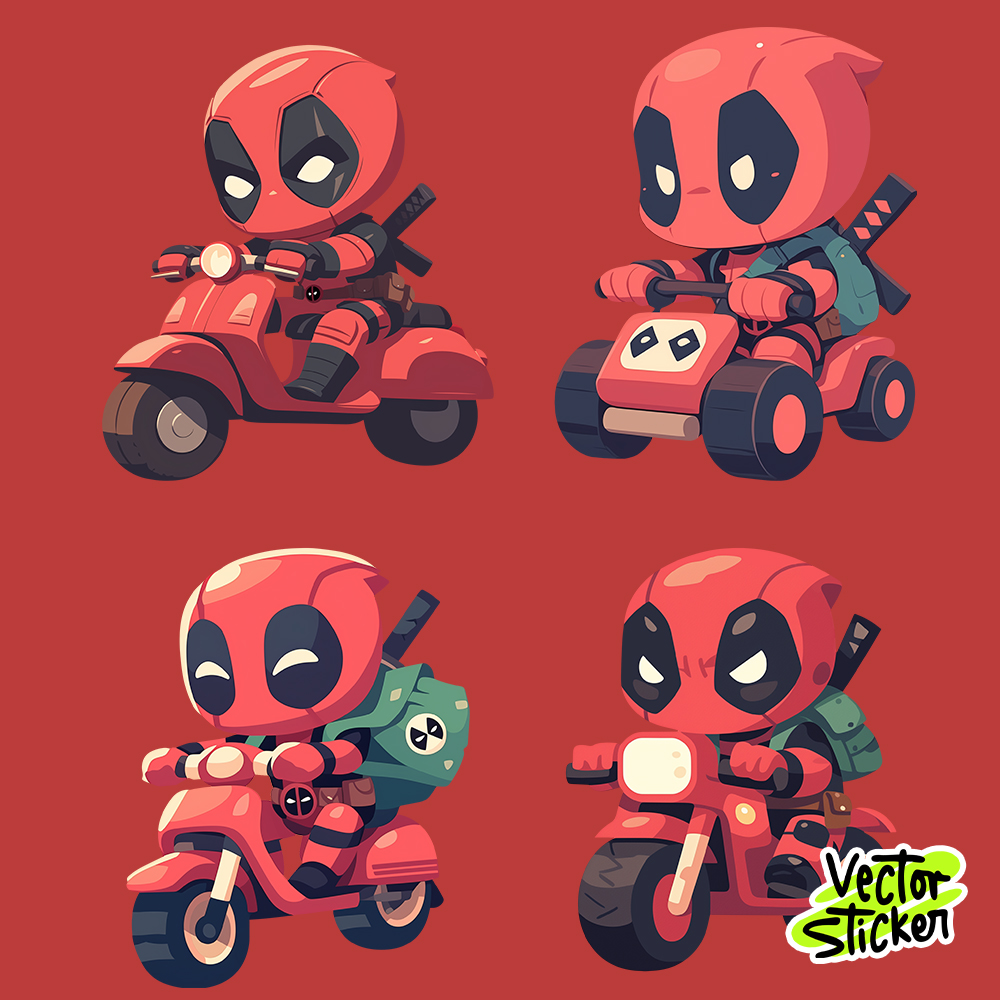 Cute Chibi Deadpool Riding a Bike – Cute Marvel Sticker Pack