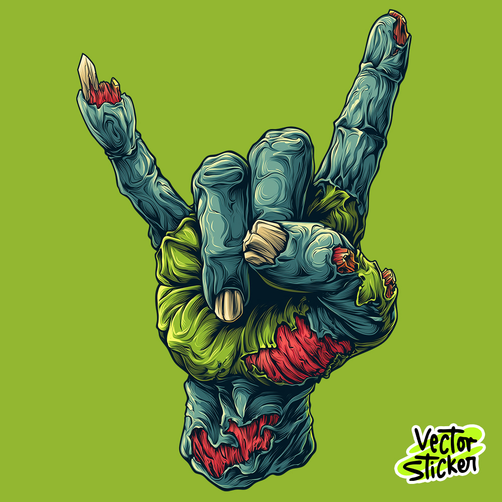 Creepy Zombie Hand with Rock (Horn) Sign T-Shirt Sticker -Halloween Horror Design