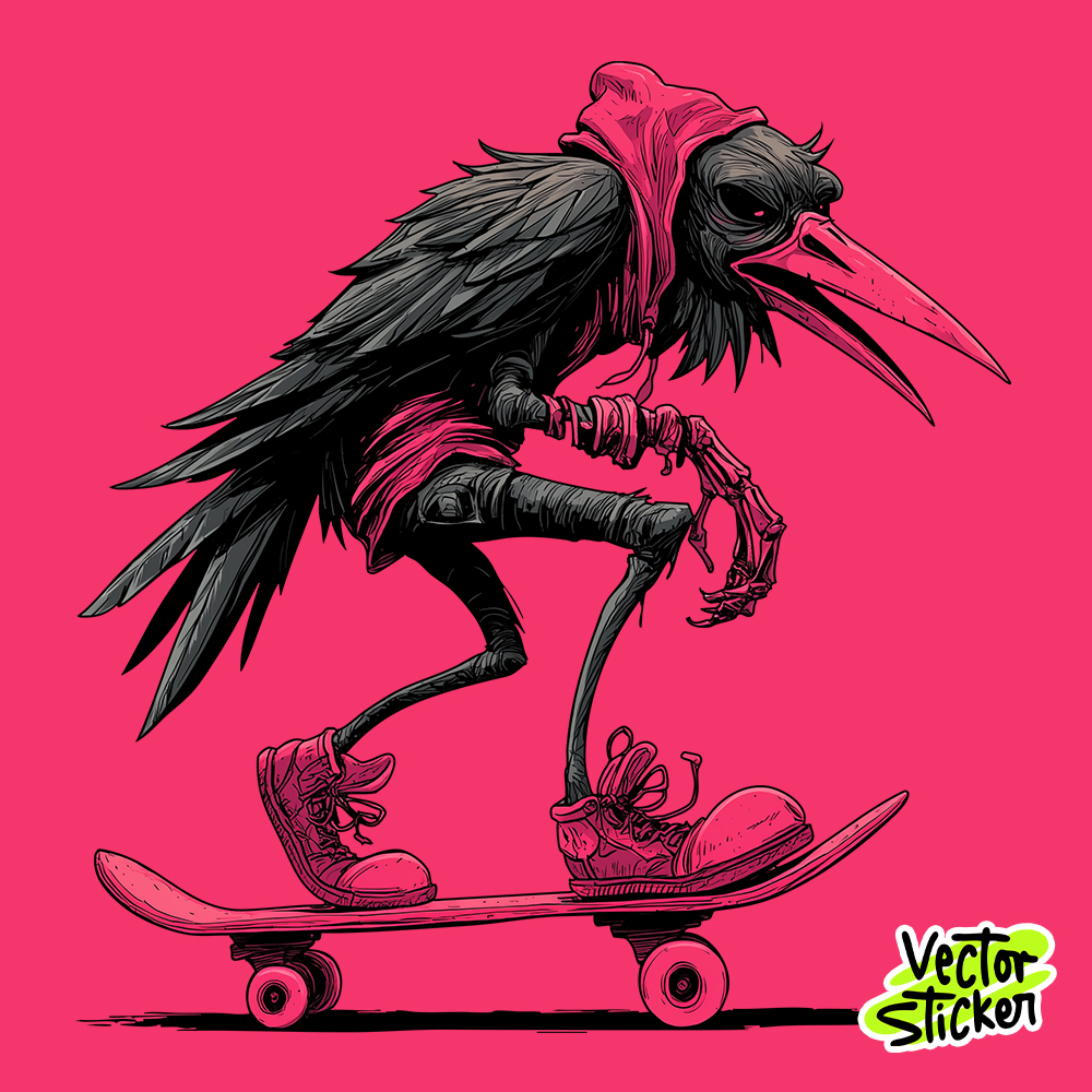 Skater Crow – Dark Urban Bird Character Vector Sticker
