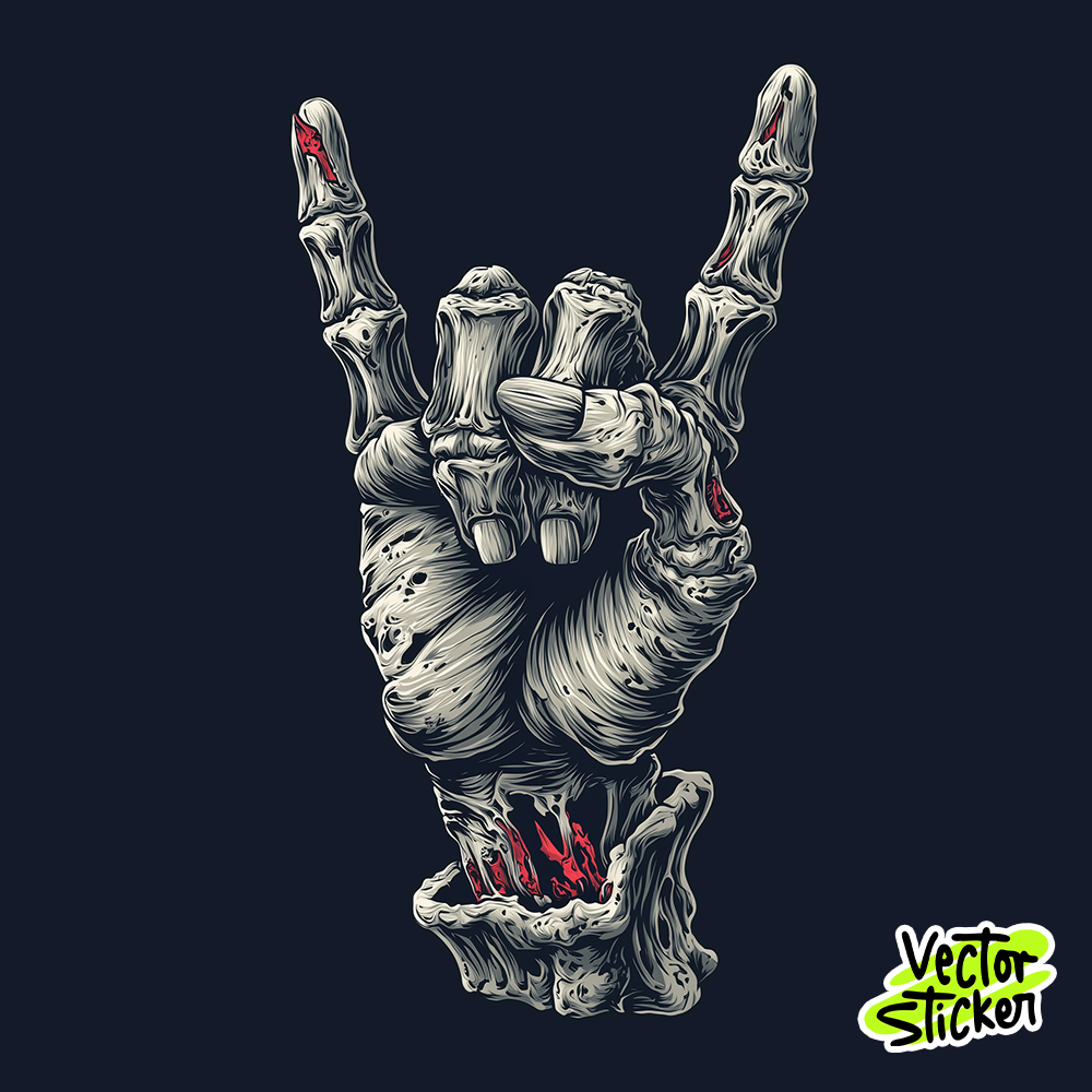 Zombie Hand with Rock (Horn) Sign T-Shirt Sticker -Halloween Horror Design