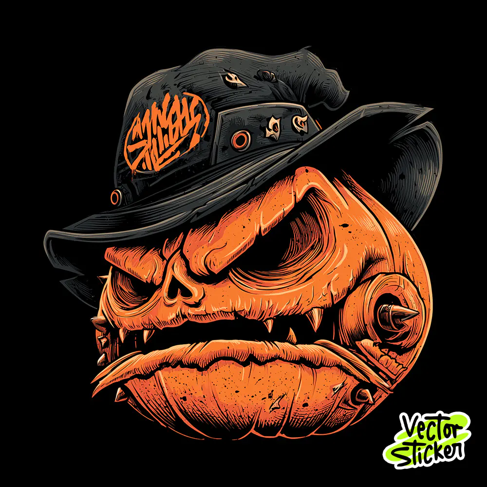 Evil Pumpkin with Black Witch Hat