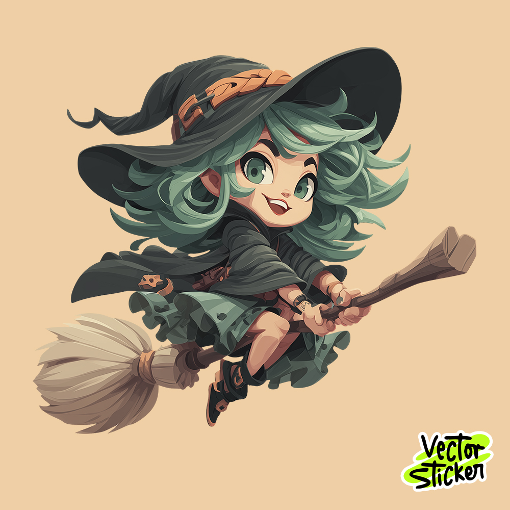 Chibi Green-Haired Witch – Magical Flying Sticker