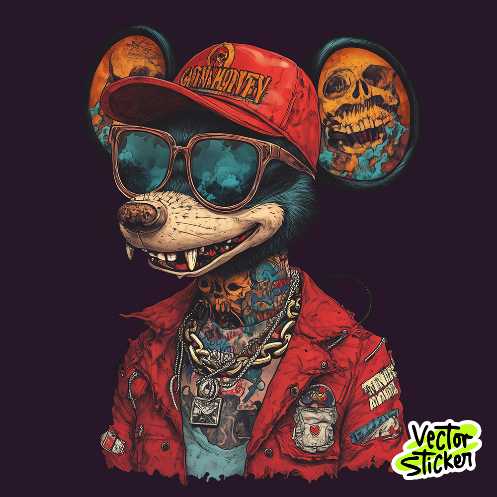 Street Style Blue Mouse Sticker – Red Jacket & Chains