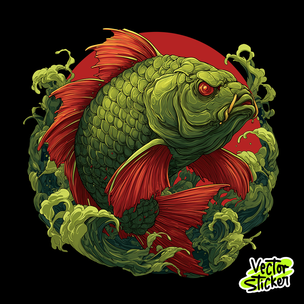 Japanese Tattoo Art - Fish Design Green and Red