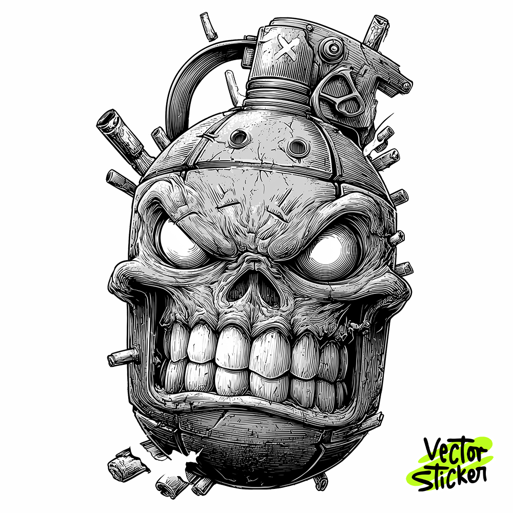 Angry Skull Grenade – B&W Ink Sketch